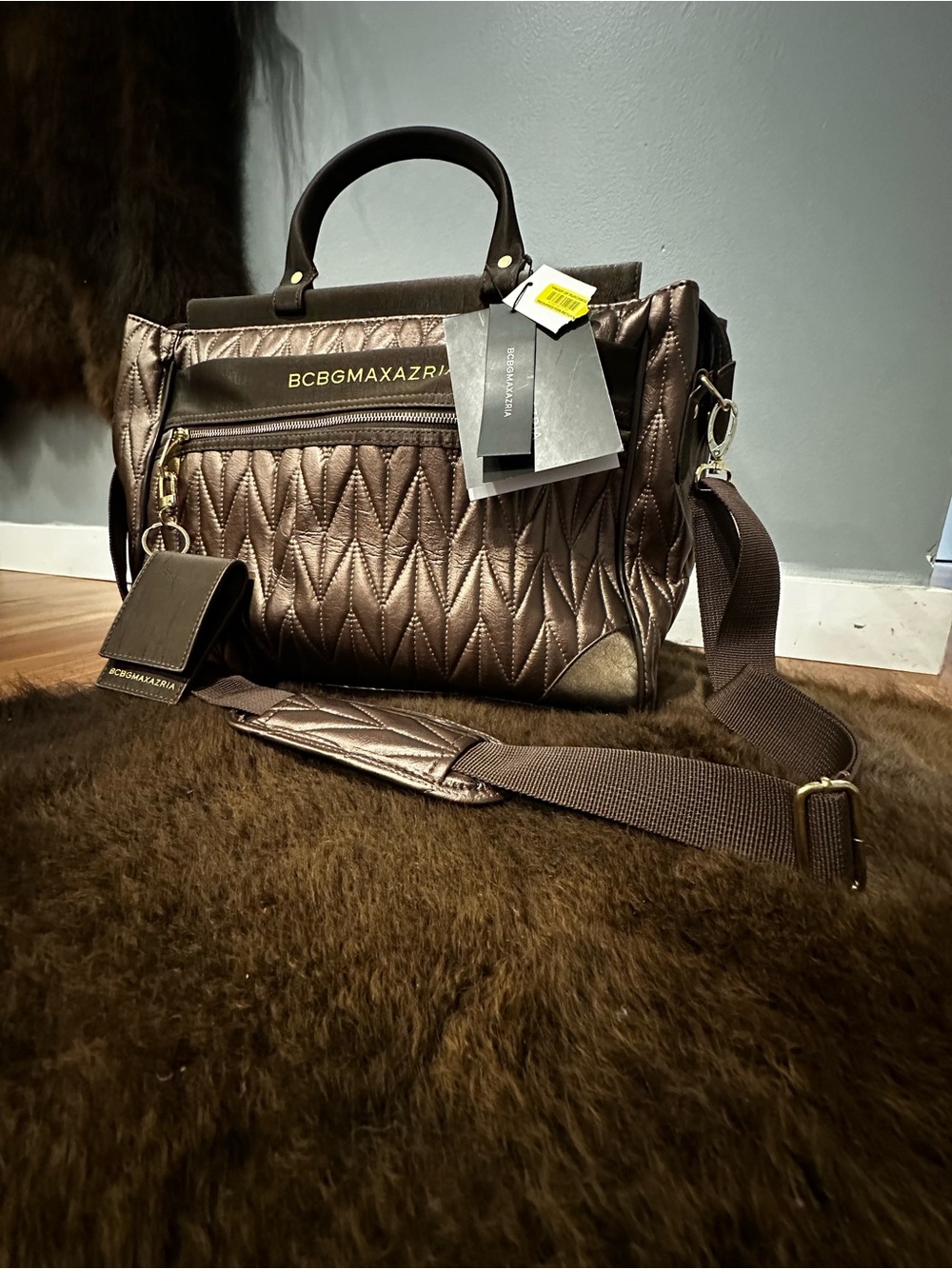 BCBGMaxAzria Quilted Metallic Brown Messenger Bag with Detachable Strap